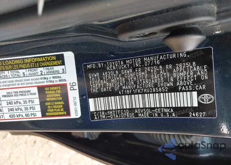 2017 Toyota Camry Le from USA, damaged, VIN 4T1BF1FK7HU285852